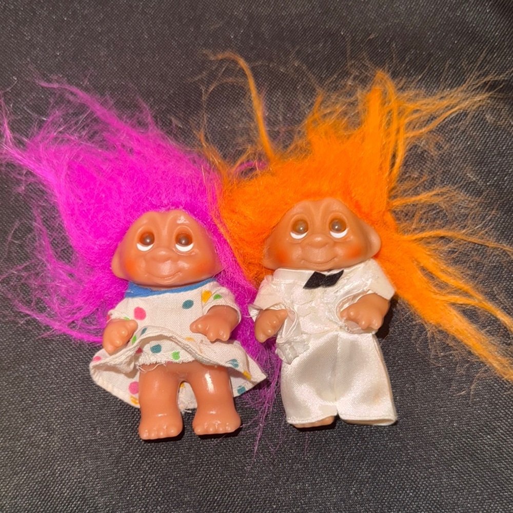 Vintage Norfin DAM 1985 3” Troll Dolls 2 orange purple hair made in china